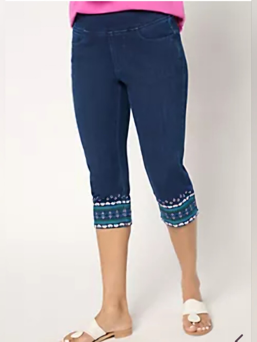New Boho Embroidered Cuff Dark Blue Capri Flexibelle Jeggings 18